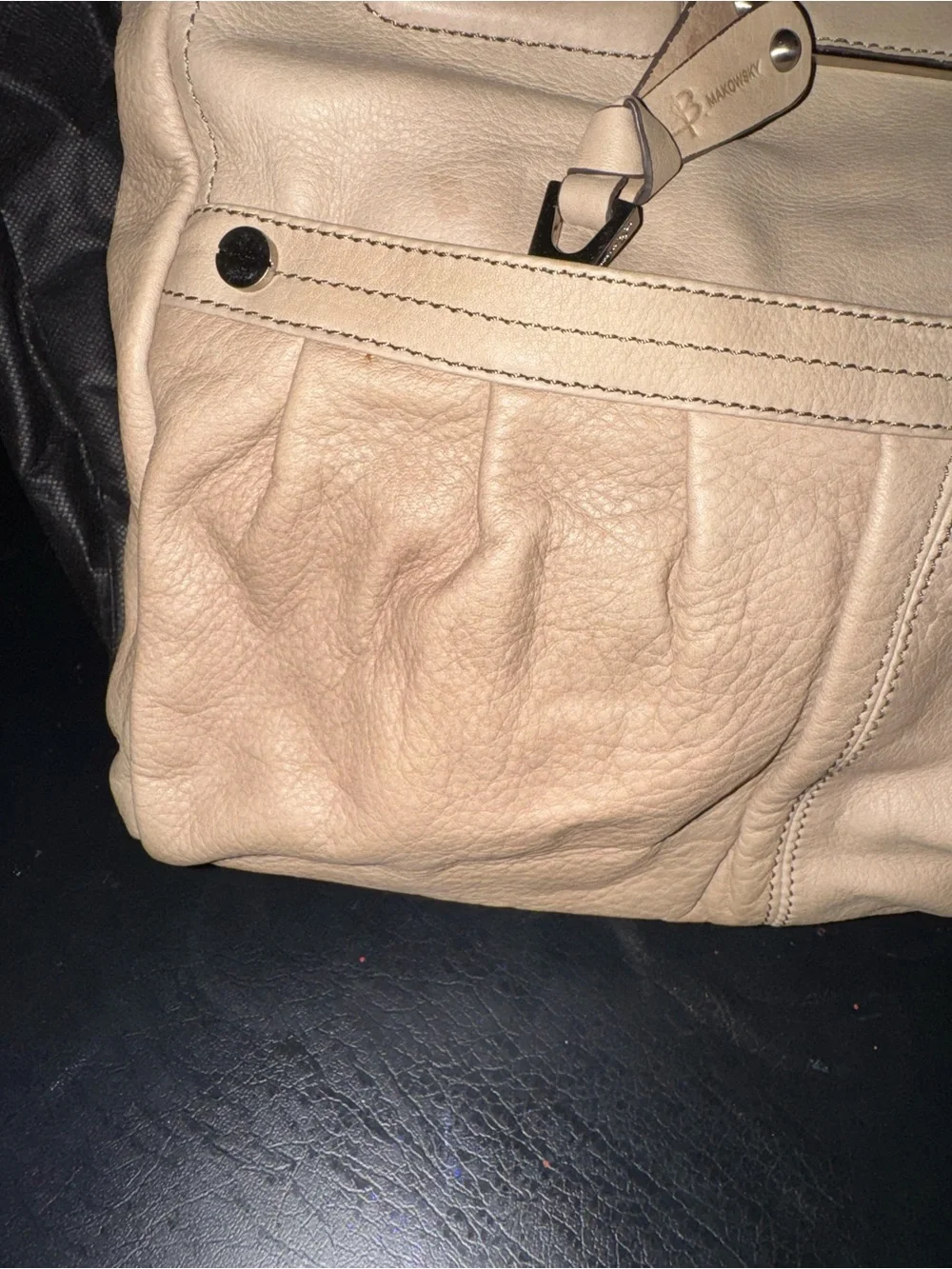 b. makowsky Cream Leather Shoulder Tote with Front Pleats